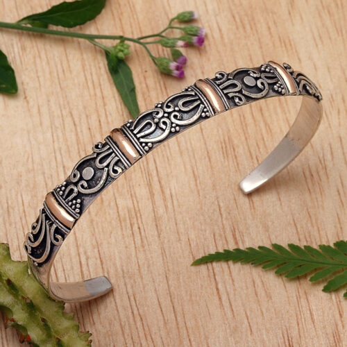 18k Gold Accent Sterling Silver Cuff Bracelet from Bali, 'Merajan Mystique'