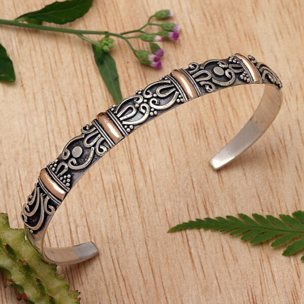 18k Gold Accent Sterling Silver Cuff Bracelet from Bali, 'Merajan Mystique'