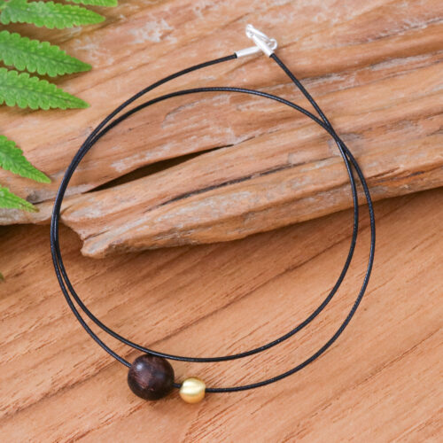 18k Gold-Accented Wood Pendant Necklace from Thailand, 'Contrasting Spheres'