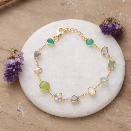 18k Gold-Plated Ten-Carat Multi-Gemstone Station Bracelet, 'Harmonious Force'
