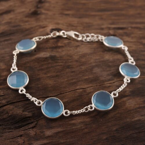 21-Carat Blue Chalcedony Station Bracelet from India, 'Shimmering Blue'