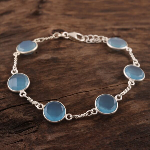 21-Carat Blue Chalcedony Station Bracelet from India, 'Shimmering Blue' 21-Carat Blue Chalcedony Station Bracelet from India, 'Shimmering Blue'