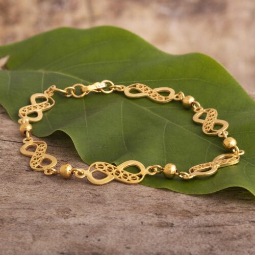 21K Gold Plated Silver Chain Bracelet with Infinity Symbols, 'Beaded Infinity'