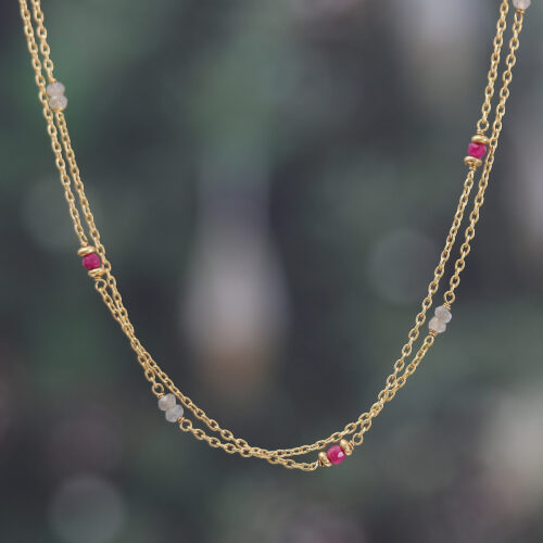 22k Gold-Plated Quartz and Labradorite Station Necklace, 'Good Fortune'
