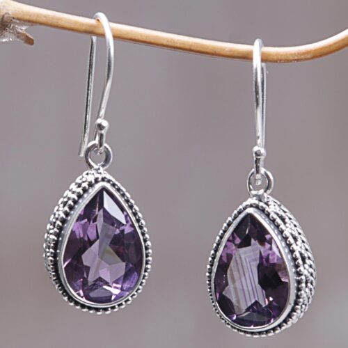 925 Silver Earrings with Amethyst Total 8 Carats from Bali, 'Sparkling Dew'