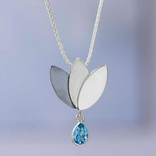 Artisan Crafted Floral Fine Silver Blue Topaz Necklace, 'Mixtec Tulip'