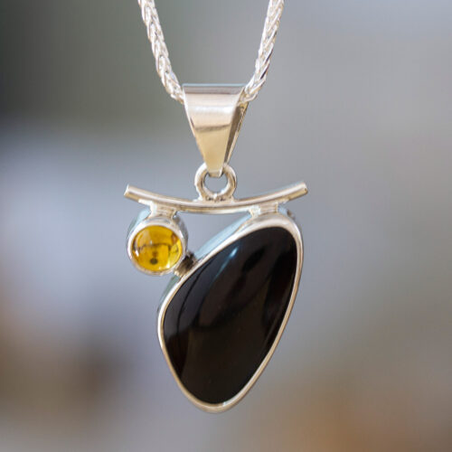 Artisan Crafted Taxco Silver Obsidian and Citrine Necklace, 'Dewdrop'