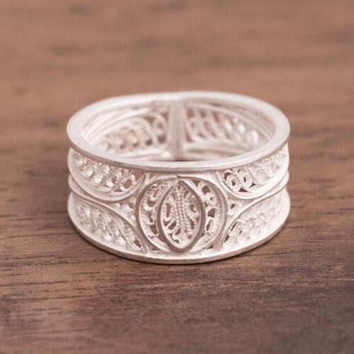 Artisan Crafted Wide 950 Silver Filigree Band Ring from Peru, 'Shining Crescents'
