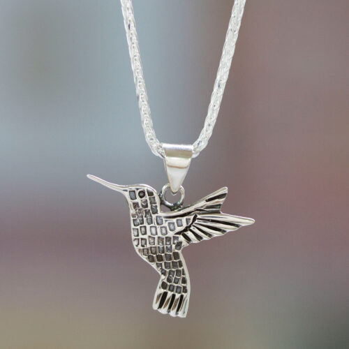 Artisan Crafted Women's Fine Silver Hummingbird Necklace, 'Aztec Hummingbird'