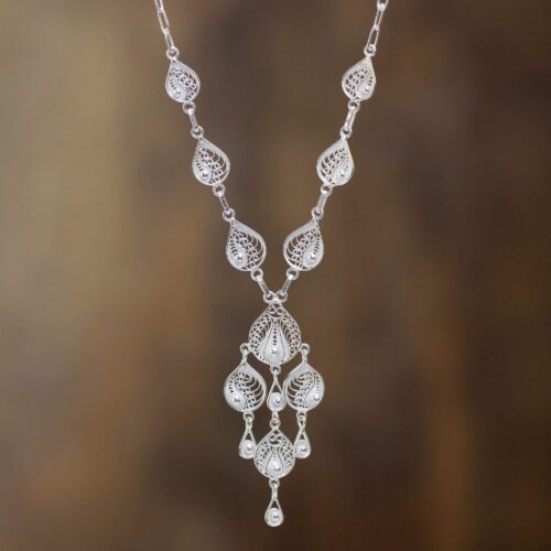 Artisan Crafted Y-Necklace in Sterling Silver Filigree Art, 'Sunrise Dew'