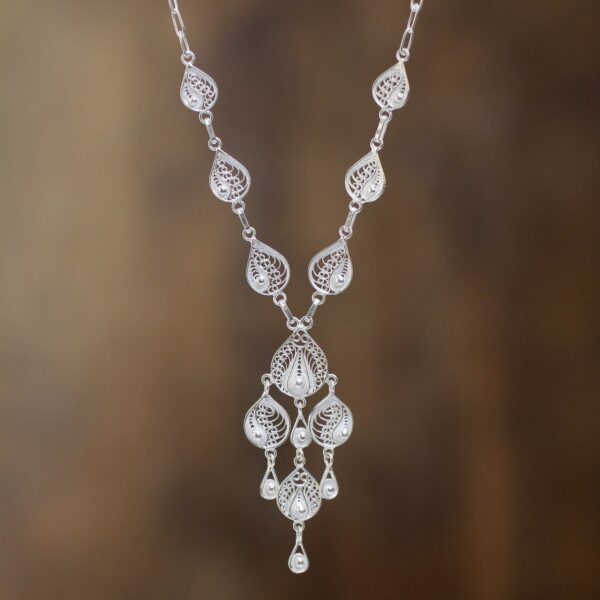 Artisan Crafted Y-Necklace in Sterling Silver Filigree Art, 'Sunrise Dew'