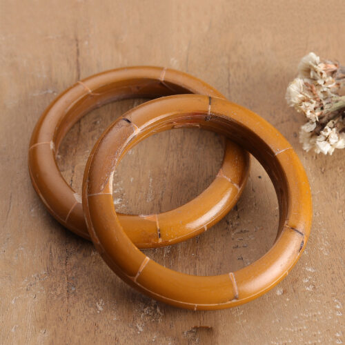 Artisan-Made Polished Bangle Bracelet Pair in Honey Brown, 'Honey Aura'