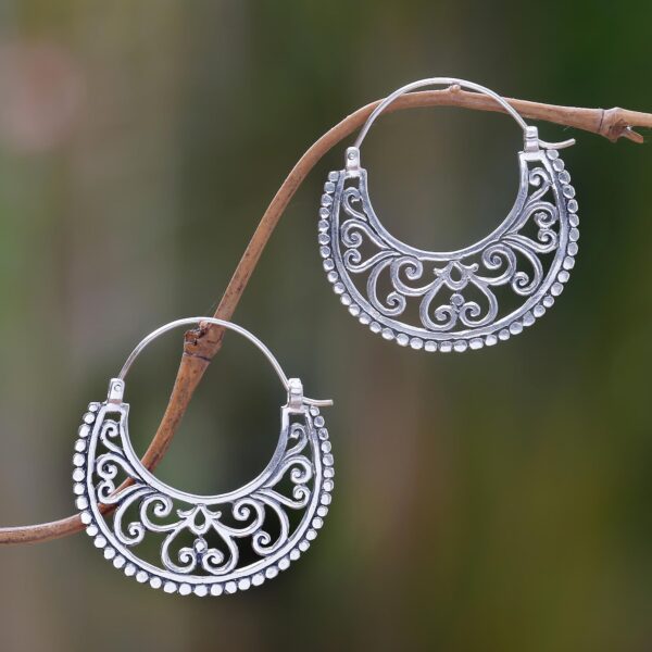 Balinese Style Sterling Silver Crescent Hoop Earrings, 'Moonlit Garden'