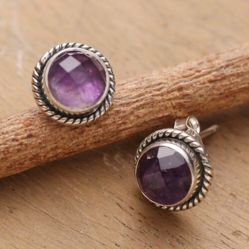Birthstone Faceted Amethyst Stud Earrings Made in India, 'Gracious Purple'