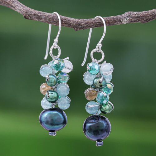 Blue-Green Gemstone Cluster Dangle Earrings, 'Aurora Borealis'