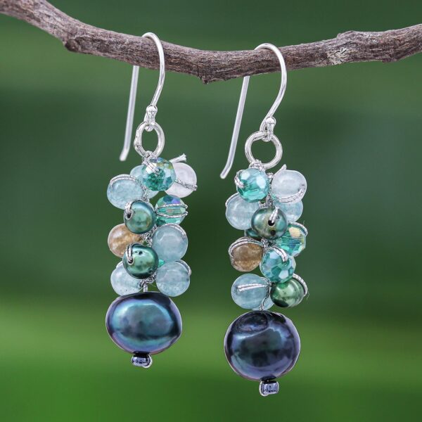 Blue-Green Gemstone Cluster Dangle Earrings, 'Aurora Borealis'