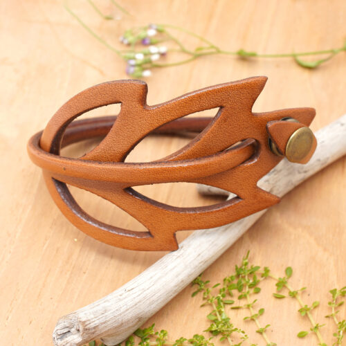 Brown Leather Wristband Bracelet, 'Lucky Leaf'