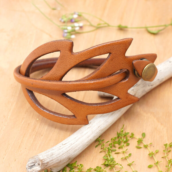 Brown Leather Wristband Bracelet, 'Lucky Leaf'
