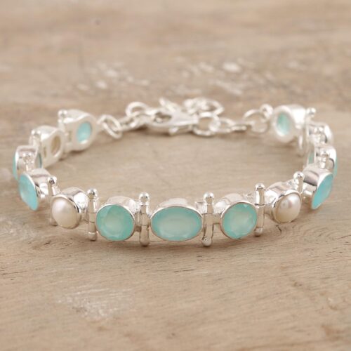 Chalcedony and Sterling Silver Link Bracelet, 'Sea Bliss'