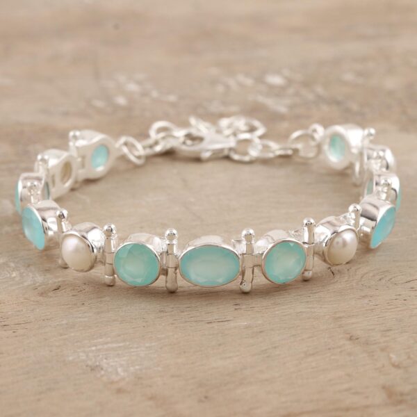 Chalcedony and Sterling Silver Link Bracelet, 'Sea Bliss'