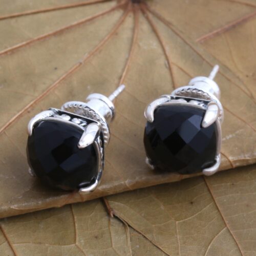 Checkerboard Faceted Black Onyx Stud Earrings, 'Dressed for Dinner in Black'