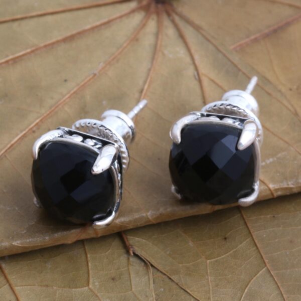 Checkerboard Faceted Black Onyx Stud Earrings, 'Dressed for Dinner in Black' Checkerboard Faceted Black Onyx Stud Earrings, 'Dressed for Dinner in Black'