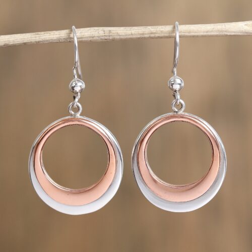 Circular Sterling Silver and Copper Dangle Earrings, 'Eclipsed Circle'