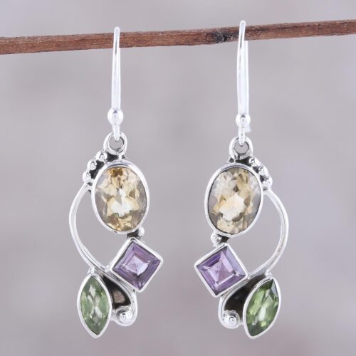 Citrine Amethyst Peridot and Sterling Silver Dangle Earrings, 'Sun with Violets'