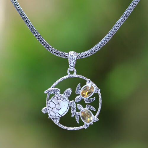 Citrine Sea Turtle Pendant Necklace from Bali, 'Sea Turtle Family'