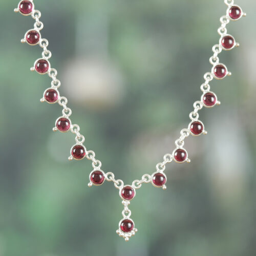 Classic Natural Garnet and Sterling Silver Link Necklace, 'Romantic Princess'