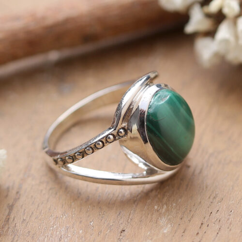 Double-Band Silver Cocktail Ring with Natural Malachite Gem, 'Eye of Nature'