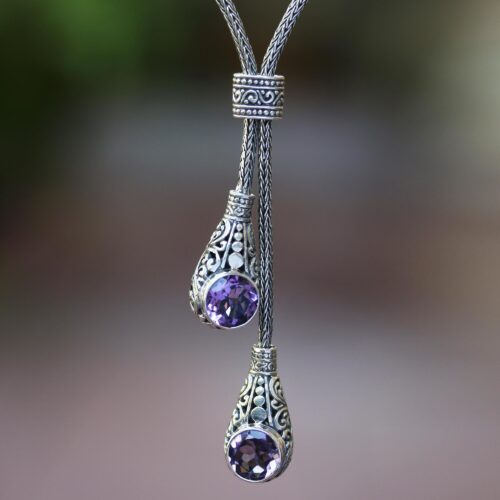 Faceted Amethyst Lariat Necklace from Bali, 'Tears of a Goddess'