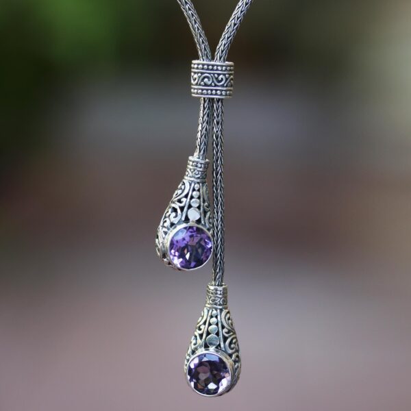 Faceted Amethyst Lariat Necklace from Bali, 'Tears of a Goddess'