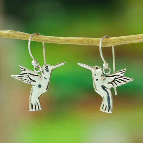 Fair Trade Fine Silver Bird Earrings from Mexico, 'Hummingbird Secrets'