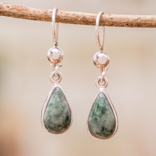 Fair Trade Sterling Silver Dangle Jade Earrings, 'Pale Green Tears'