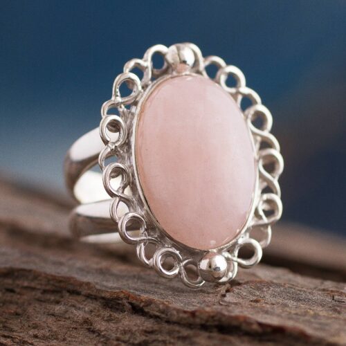 Fair Trade Sterling Silver Rose Quartz Cocktail Ring, 'Pink Blossom'
