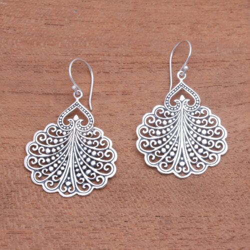 Fan Pattern Sterling Silver Dangle Earrings from Bali, 'Peacock's Tail'