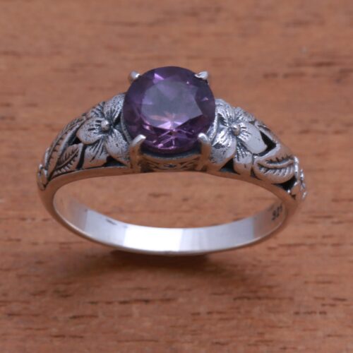 Floral Amethyst Single-Stone Ring from Bali, 'Floral Glint'