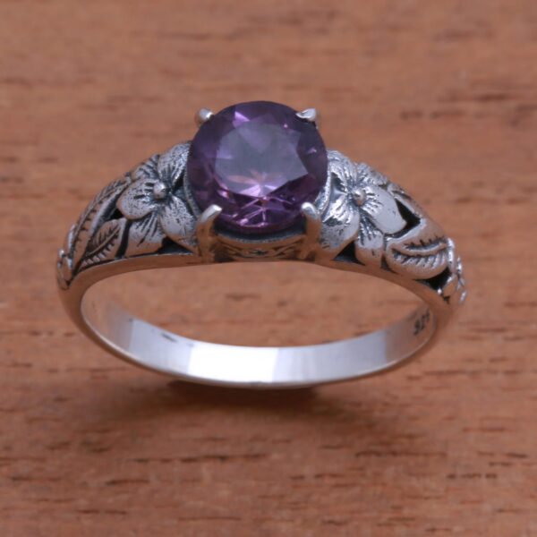 Floral Amethyst Single-Stone Ring from Bali, 'Floral Glint'
