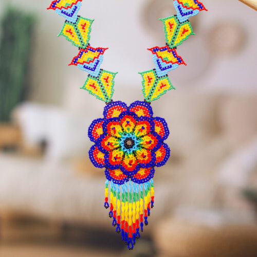 Floral Design Huichol Glass Beaded Necklace from Mexico, 'Large Huichol Flower'