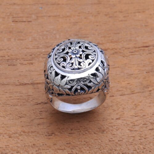 Floral Sterling Silver Domed Ring from Bali, 'Garden Dome'