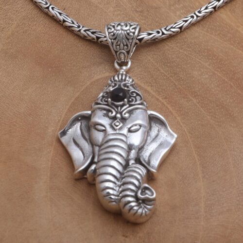 Ganesha Themed Pendant Necklace with Onyx, 'Ganesha's Crown'