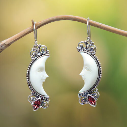 Garnet and Silver Crescent Moon Dangle Earrings from Bali, 'Natural Moonlight'