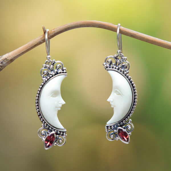 Garnet and Silver Crescent Moon Dangle Earrings from Bali, 'Natural Moonlight'