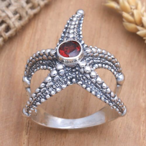 Garnet Sterling Silver Starfish Cocktail Ring from Bali, 'Red Starfish'