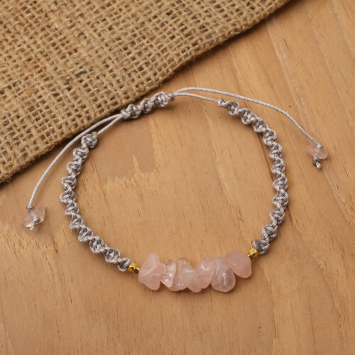 Gold-Accented Rose Quartz Rainbow Moonstone Macrame Bracelet, 'Pink Candy'