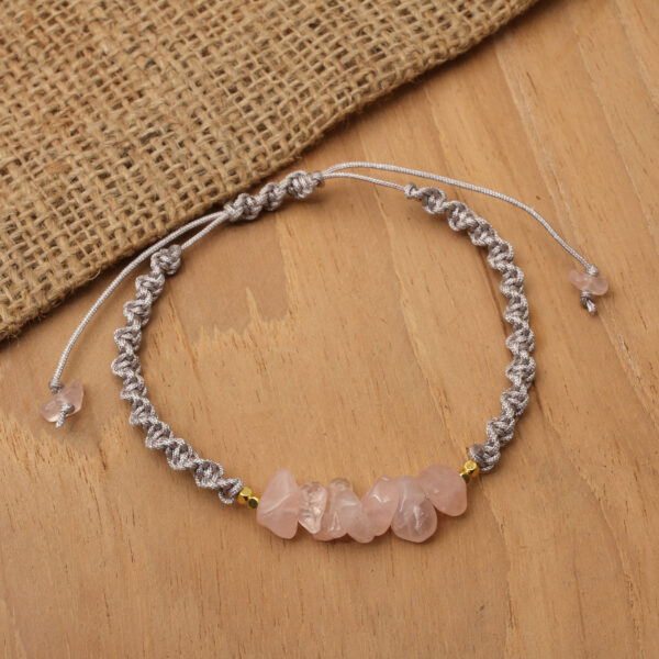 Gold-Accented Rose Quartz Rainbow Moonstone Macrame Bracelet, 'Pink Candy'