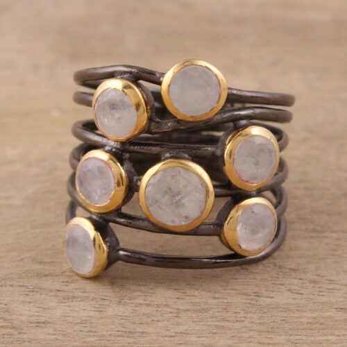 Gold Plated Sterling Silver Rainbow Moonstone Cocktail Ring, 'Dewy Morn'