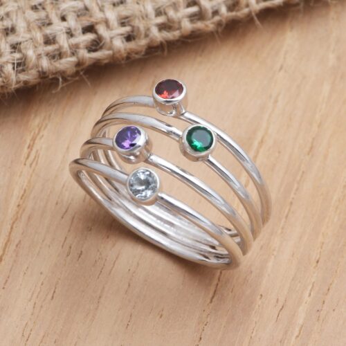 Hand Crafted Amethyst and Garnet Ring, 'Rainbow Stepping Stones'