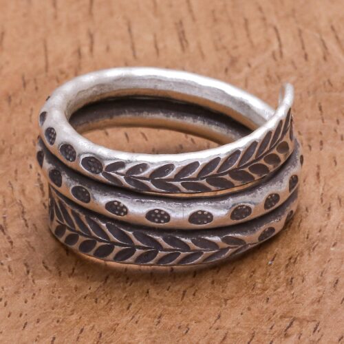 Hand Made Sterling Silver Leaf and Floral Band Ring, 'Coiling Leaves'